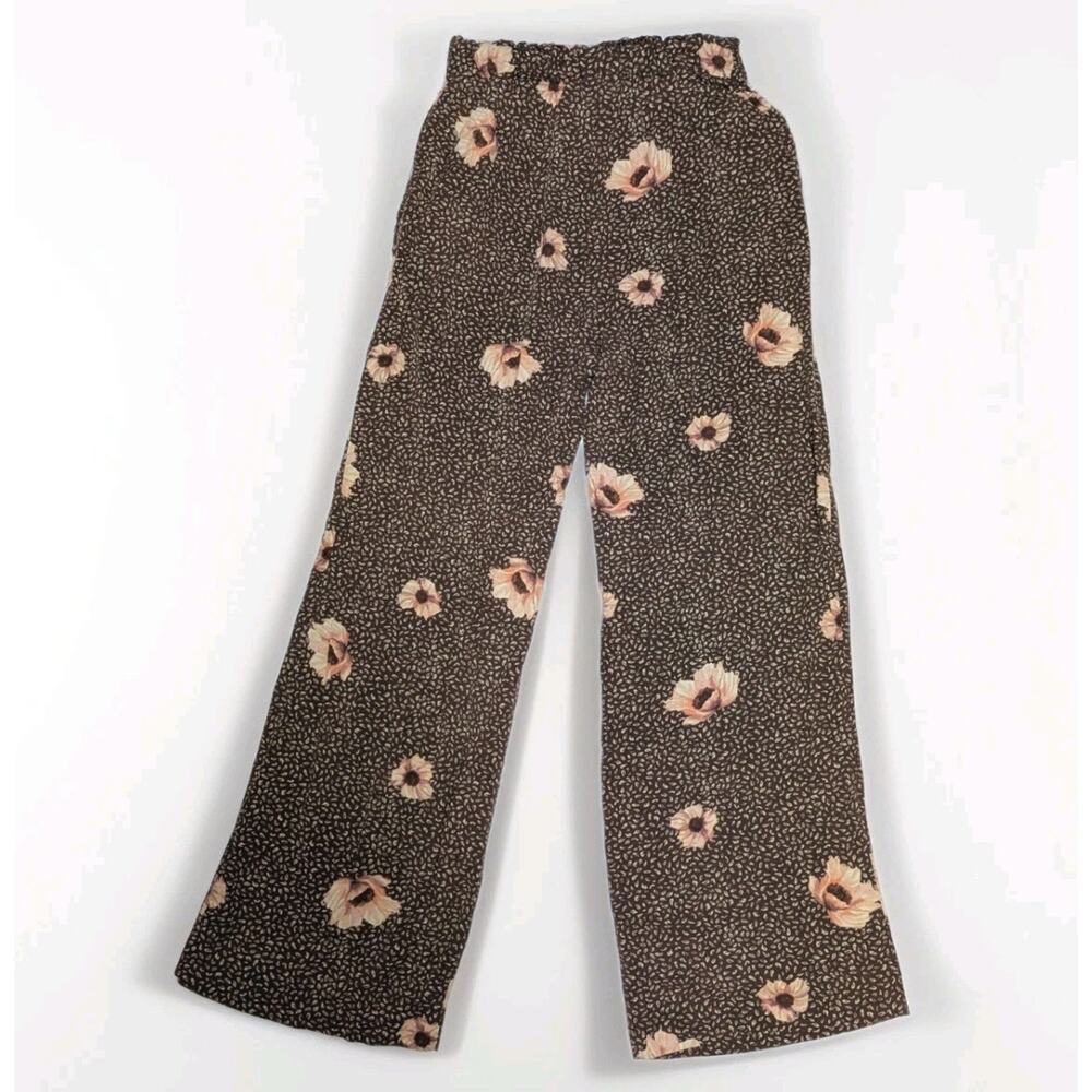 H&M Paperbag Wide Trousers Pants Floral High Rise Belted Brown Autumn Fall Sz 4 - Picture 6 of 9